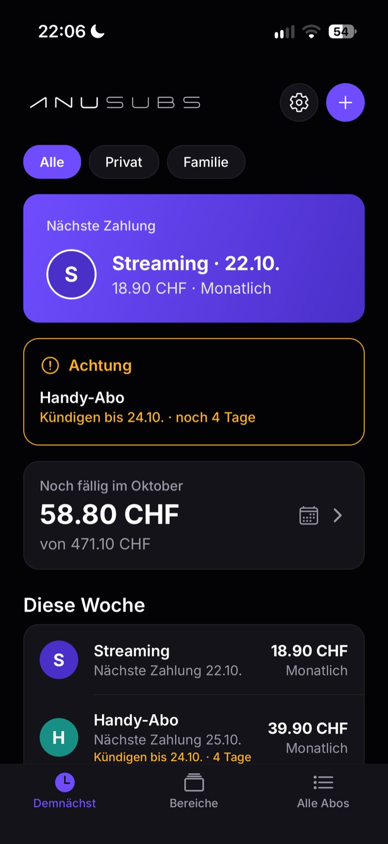 ANU Subs, Tab «Demnächst»: nächste Zahlung, eine bald ablaufende Kündigungsfrist und was diesen Monat noch fällig ist