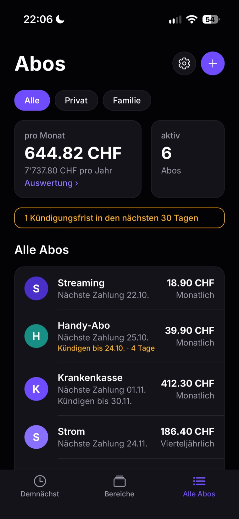 Tab «Alle Abos»: Summen pro Monat und pro Jahr und die Liste der Abos