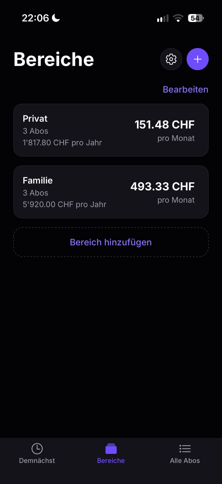 Tab «Bereiche»: zwei Karten, «Privat» und «Familie», mit ihren Summen pro Monat und pro Jahr