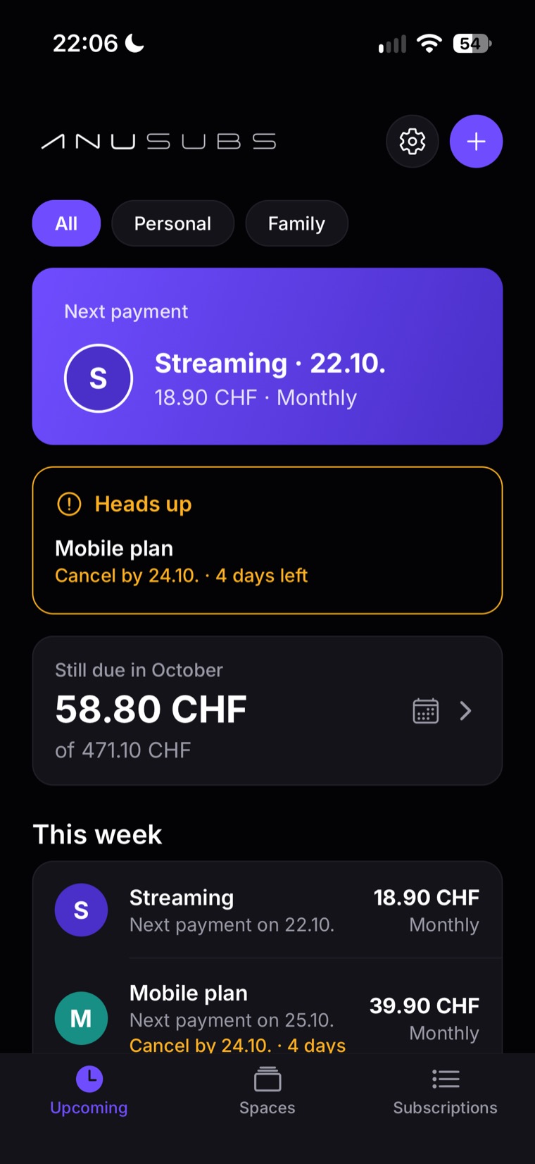 ANU Subs, “Upcoming” tab: next payment, a cancellation deadline coming up soon and what is still due this month