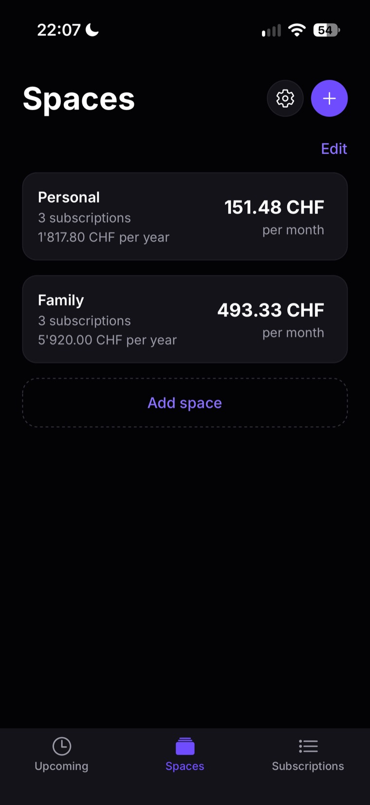 “Spaces” tab: two cards, “Personal” and “Family”, with their totals per month and per year